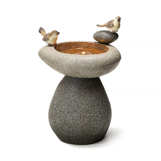 Glitzhome&#xAE; 20.75&#x22; Zen-Style Faux Stone Texture Outdoor Birdbath Fountain with LED Light